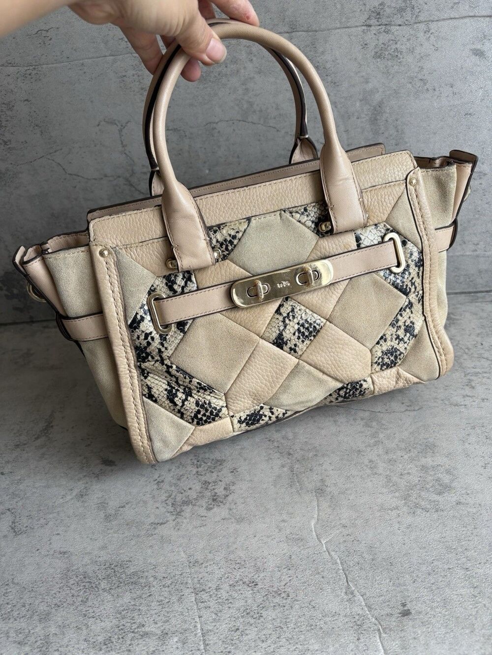 COACH Swagger 27 Exotic Embossed Leather Suede Satchel Patchwork Crossbody Bag